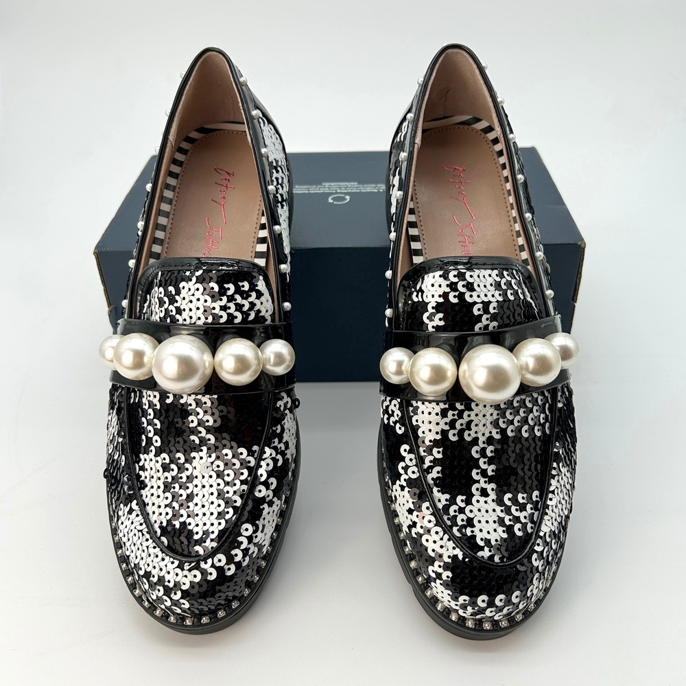 Embellished Womens Loafers Betsey Johnson Harloe Sz 7.5 Black White Sequins NEW - Picture 3 of 6